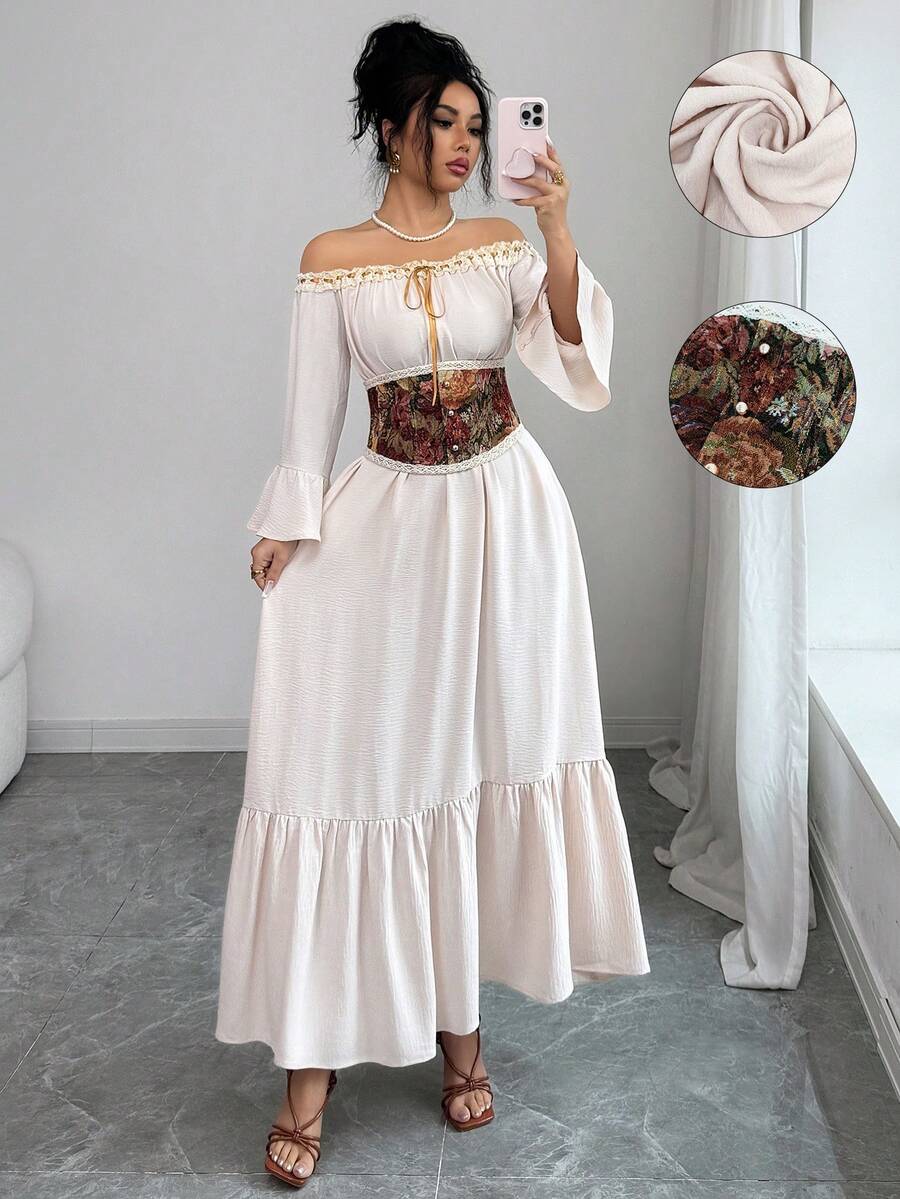 Selianne Women's Elegant Beige Autumn Boho Vacation Off-Shoulder Lace Ruffle Tie Bow Flare Sleeve Jacquard Floral Waist Belt A-Line Retro Palace Dress - Apricot - View 1