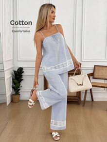 SHEIN LUNE Bộ đồ 2 mảnh dành cho nữ mùa xuân/hè, gồm áo hai dây buộc cổ nơ và quần ống rộng bằng ren kẻ sọc, kiểu dáng thường ngày thanh lịch, phù hợp cho công sở và nghỉ dưỡng (cổ điển). - Nhiều màu - Xem 5