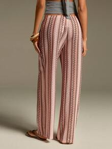 Athîral Women's Casual Vacation Pink Crochet-Look Wide Leg Pants, Spring/Summer - Pink - View 2