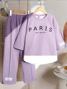 SHEIN Serisse Kids 少女紫色春夏针织圆领宽松拼接撞色英文印花布标七分袖宽松阔腿裤休闲简约学院风T恤套装，2件套 - 紫色 - 查看 3