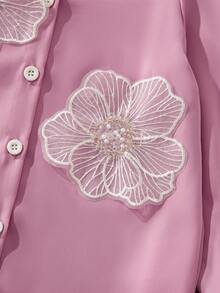 SHEIN 少女花卉装饰花瓣袖衬衫 - 藕粉色 - 查看 7
