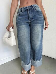 Alexandranx 女士牛仔裤复古灰蓝色直筒九分裤翻边休闲百搭外出秋季女装 - 淺色水洗藍 - 查看 3