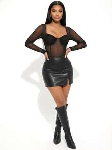 Glitzique 2025秋冬韩版简约过膝长靴，弹性面料，绒面质感，修身廓形，侧拉链，尖头高跟，猫跟 - 黑色 - 查看 2