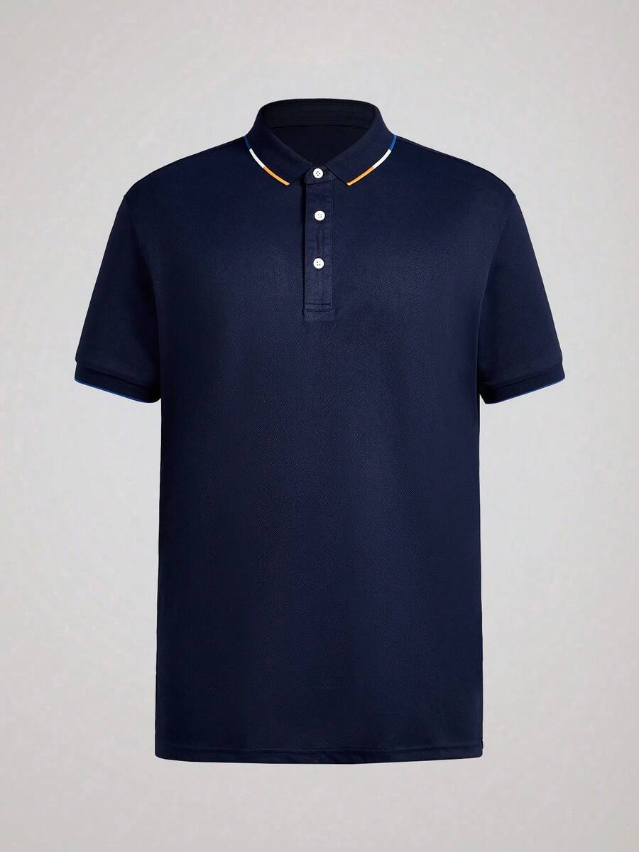 Officeau 男士时尚商务休闲 Polo 衫，夏季短袖领衬衫 - 藏蓝色 - 查看 1