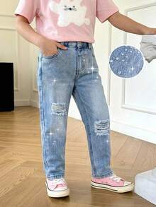Quần jeans ống côn rách màu xanh nhạt đính đá, phong cách tối giản, thời trang thường ngày cho bé gái (size nhỏ). - Màu xanh lam - Xem 1