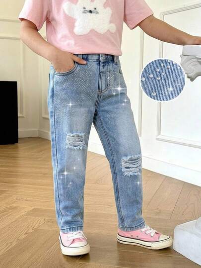 Quần jeans ống côn rách màu xanh nhạt đính đá, phong cách tối giản, thời trang thường ngày cho bé gái (size nhỏ).