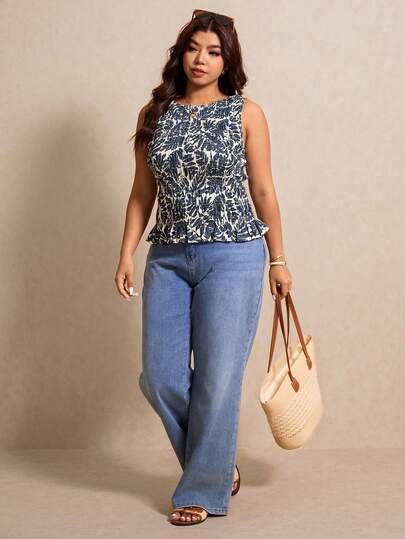 Elaquor Plus Size All-Over Print Loose Fit Casual Tank Top, Spring/Summer