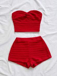 Soleia Bộ đồ 2 mảnh dành cho nữ mùa hè, màu trơn, chất liệu vải dệt họa tiết, kiểu áo quây xoắn phía trước và quần short. - Đỏ - Xem 4