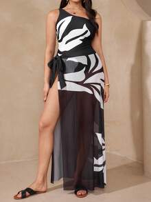 Swim Oasis Plus Size Black & White Placement Print One-Piece Swimsuit With Mesh Skirt,Shoulder Bag,Waist Drawstring,Summer Elegant Formal Beach Evening Holiday - Black and White - View 3
