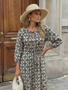 Hansera Printed Off Shoulder Convertible Dress, A-Line Hem, Comfortable , Casual Vacation - Multicolor - View 6