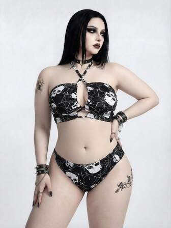 Goth Plus Size Women Summer Beach Skull Print Halter Tie Sexy Bikini Swimsuit Set