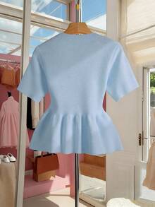 SHEIN Franclia 女士纯色圆领短袖单排扣休闲针织上衣 - 淺藍色 - 查看 2