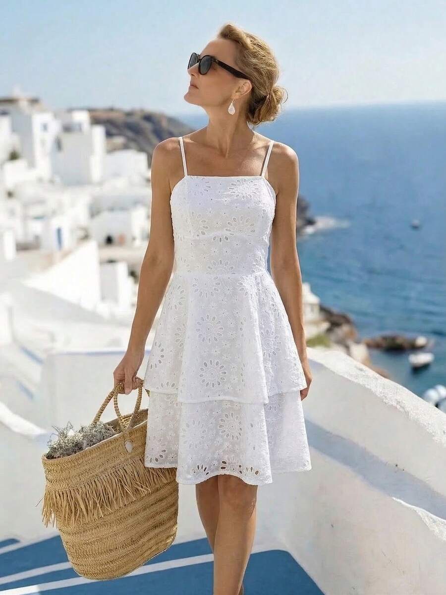 Breezaya 女士镂空刺绣荷叶边吊带度假连衣裙 - 白色 - 查看 1