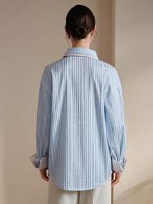 Anewsta 春秋新款都市休闲纹理条纹撞色蝴蝶装饰翻边 Polo 领长袖女式衬衫 - 藍白色 - 查看 5