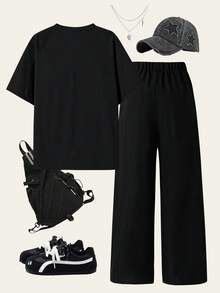 SHEIN 2件套青少年男童休闲字母印花圆领T恤和运动裤套装 - 黑色 - 查看 2