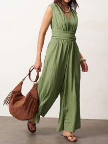 Enliva Women's Solid Deep V-Neck Ruched Sleeveless Jumpsuit Summer Green Casual,Friendly To Round Body Curves - Green - View 4