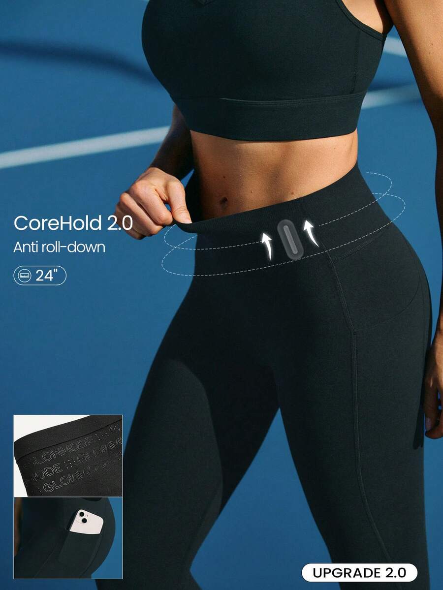 GLOWMODE 24" FeatherFit™-Sculpt Sweat-O-Clock Compressive Anti-Roll Tummy Control No Front Seam Side Pockets Leggings Low Impact Training Running Workout Gym - Black - View 1