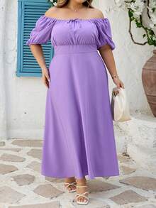 SHEIN CURVE+ Curve 加大码 US22 音乐节、海滨度假、波西米亚风 CURVE PLUS // 女士紫色短袖休闲抽绳腰身优雅连衣裙，适合婚礼宾客、春夏穿着。这款紫色连衣裙优雅迷人，适合日常、外出、约会、下午茶、度假等各种场合。浪漫甜美连衣裙 - 紫色 - 查看 3