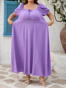 SHEIN CURVE+ Curve 加大码 US22 音乐节、海滨度假、波西米亚风 CURVE PLUS // 女士紫色短袖休闲抽绳腰身优雅连衣裙，适合婚礼宾客、春夏穿着。这款紫色连衣裙优雅迷人，适合日常、外出、约会、下午茶、度假等各种场合。浪漫甜美连衣裙 - 紫色 - 查看 10
