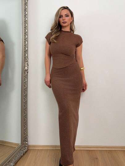 Jeta Ari 2 sztuki/zestaw damski jednolity kolor, kołnierzyk ze stójką, krótki rękaw, top i spódniczka mini w kształcie litery A