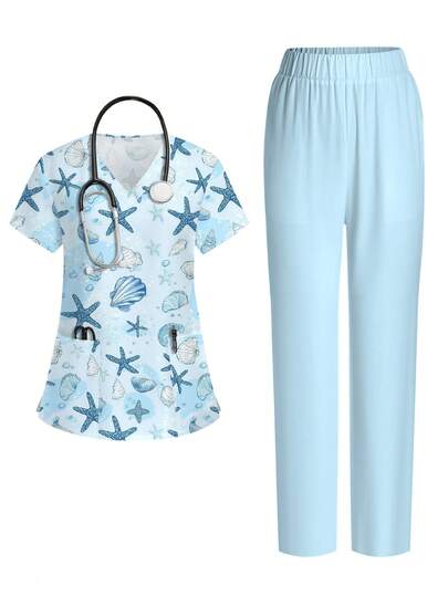 PopScrub Blue Starfish & Shell Print V-Neck Short Sleeve Pocket Ear Loop Split Design 2pcs Set, Spring/Summer Nurse Uniform, Casual Outfit, Uniform Set
