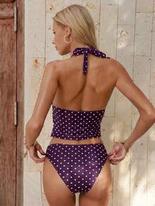 Swim Mod Women's Summer Vacation Beach Polka Dot Print Halter Tankini Set - Brown - View 2