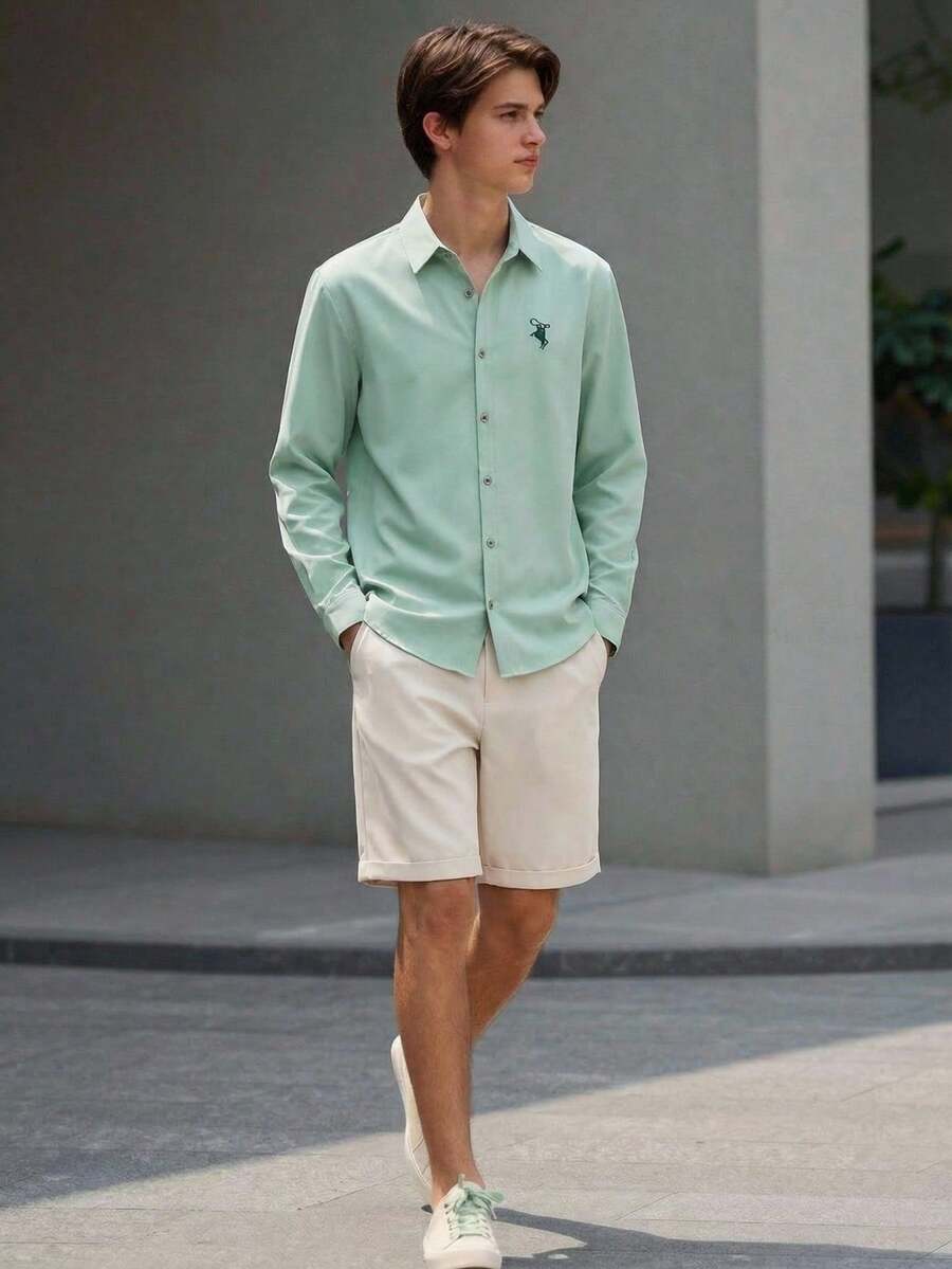 两件套青少年男士绅士套装，绿色领长袖衬衫+米色短裤，绅士西装，商务优雅校园风，生日派对日常休闲外套，简约大方