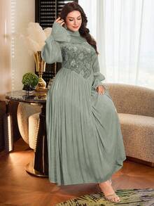 Modelyn 大码女式印花优雅收腰A字连衣裙 - 綠色 - 查看 5
