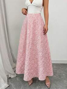 Elenzga 1pc Women's Spring/Summer Floral Jacquard Textured Ruched A-Line Elegant Skirt - Pink - View 5