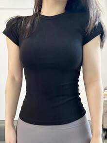 Dazy Tall 高个女款修身圆领短袖休闲套头T恤 夏季 - 黑色 - 查看 1