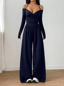 Flirla Women's Solid Color Ruched Long Sleeve Jumpsuit With Neck Tie Evening Night Out Navy Blue Autumn Elegant - Navy Blue - View 4
