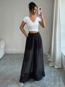 SHEIN Elenzya Quần ống rộng cạp cao bằng vải chiffon đen thời trang và thanh lịch dành cho nữ, có điểm nhấn là cúc cài, thích hợp mặc hàng ngày. - màu đen - Xem 3