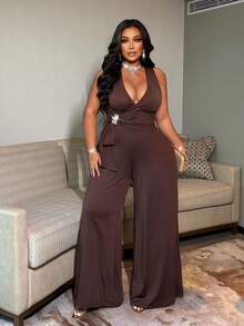NU&NOW Sexy Fitted V-Neck Tie Strap Tank Top And Wide Leg Pants Plus Size 2 Pieces Set Brown 2 Pieces Set Women Plus Size - Coffee Brown - View 1