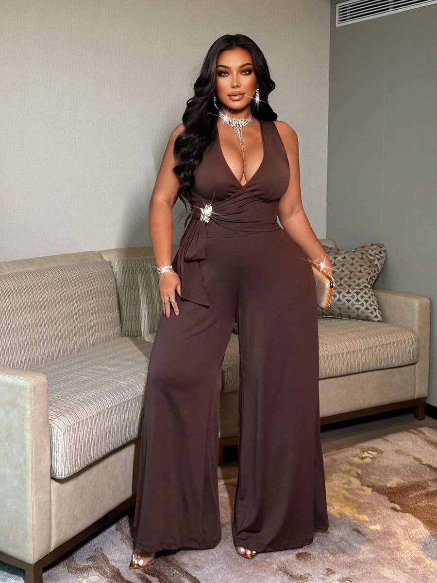 NU&NOW Sexy Fitted V-Neck Tie Strap Tank Top And Wide Leg Pants Plus Size 2 Pieces Set Brown 2 Pieces Set Women Plus Size - Coffee Brown - View 1