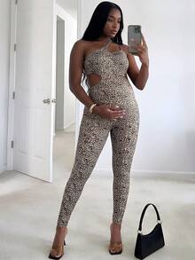 SHEIN Mono ajustado con estampado de leopardo y diseño calado para embarazadas, ideal para el verano - Marrón - Ver 3