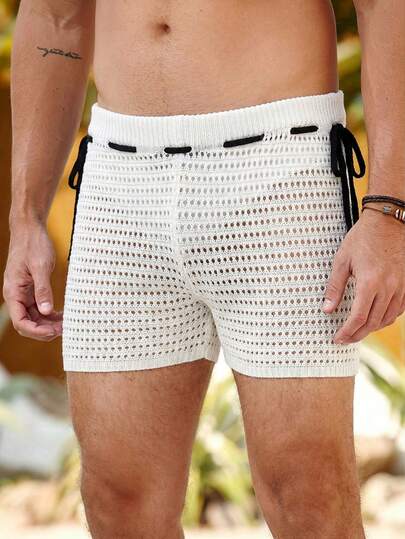 Horizaway Men's Summer Casual Hollow-Out Knit Drawstring Waist Shorts