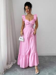 Elenzga Elegant Romantic Delicate Women's Dress, Spaghetti Strap Ruffle Waist A-Line Polka Dot Dress - Multicolor - View 6