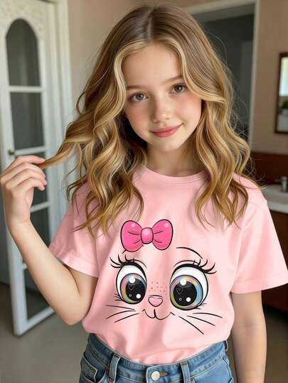 Sparklyn Camiseta de manga corta con estampado gráfico de cara de gato lindo para niñas preadolescentes, casual y cómoda para primavera/verano, atuendo versátil para actividades al aire libre, picnics, fotografía callejera, hogar, escuela, festivales, regalos