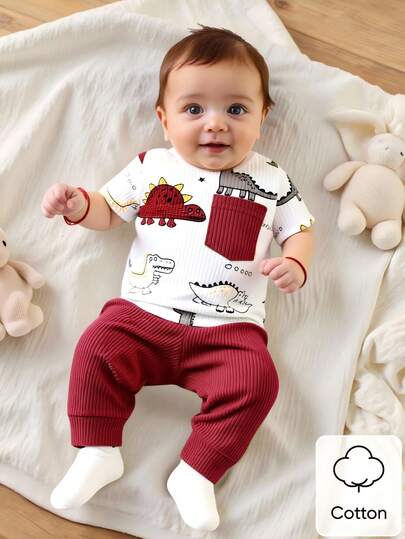 SHEIN Newborn Male Baby White Pit Stripe Cartoon Dinosaur Pattern Print Splicing Green Pocket Short Sleeved Top With Green Pants Two Pieces Set Cute Casual Sports Fashion New Product Red Newborn Boy Outfit 2pcs Newborn Baby Boy Romper Long Pants Dinosaur Outfit Baby Boy Baby Boy Burgundy Clothes Baby Boy Dinosaur Print 2pcs Newborn Baby Boy Clothes