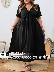 SHEIN CURVE+ Đầm dáng chữ A cổ chữ V thắt eo, cỡ US22, thích hợp cho lễ hội âm nhạc, kỳ nghỉ biển, phong cách bohemian thanh lịch, dài ngang gối, duyên dáng. - màu đen - Xem 8