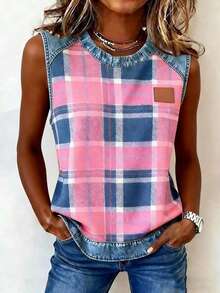 SHEIN LUNE Multicolor Plaid Print Women Tank Top Regular Length Round Neck Casual Style - Multicolor - View 3