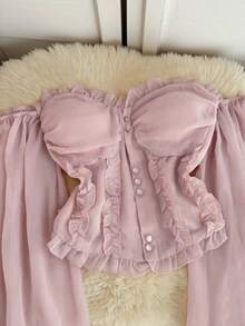 INAWLY Top corto con volantes, hombros descubiertos, botones de perlas falsas y mangas acampanadas en estilo retro francés rosa - Rosa - Ver 3