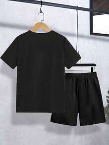 2pcs/Set Tween Boy Black Summer Casual City Break Fashionable Numeric 67,Slogan Graphic Print Short T-Shirt And Shorts Suit,Comfortable Daily Wear - Black - View 2