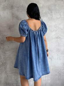 Sunnyshic Plus Size Women Summer Casual Loose Denim Dress - Medium Wash - View 2