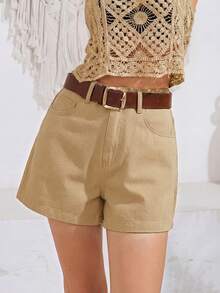 Anewsta Quần short dáng chữ A cạp cao màu kaki, kiểu dáng suông, ôm dáng, thích hợp mặc thường ngày cho nữ, mùa xuân/hè. - Màu Khaki - Xem 3