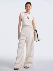 Aalyst Women Chic Black And White Striped Straight Leg Pants,Summer Vacation Holiday Casual Elegant Shell Button Waist Fitted Trousers With Pockets,Apricot - Apricot - View 4
