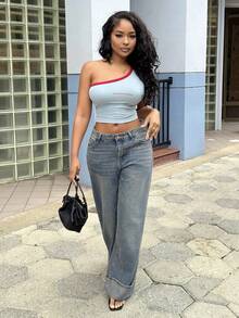 Alexandranx 女士字母印花饰边无袖修身休闲上衣外出上衣抹胸 - 藍色 - 查看 1