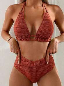 Swim Basics Conjunto de biquíni feminino de verão para praia, cor sólida, com amarração no pescoço, sexy e elegante. - Ferrugem Marrom - Ver 2