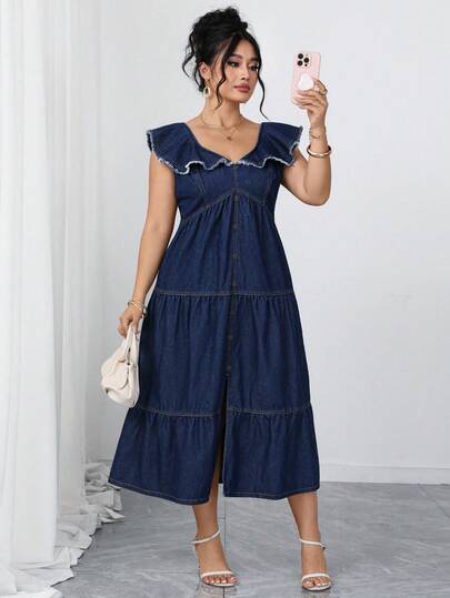 Elenzga Đầm denim màu xanh đậm cổ điển thanh lịch và thoải mái dành cho phụ nữ cỡ lớn
