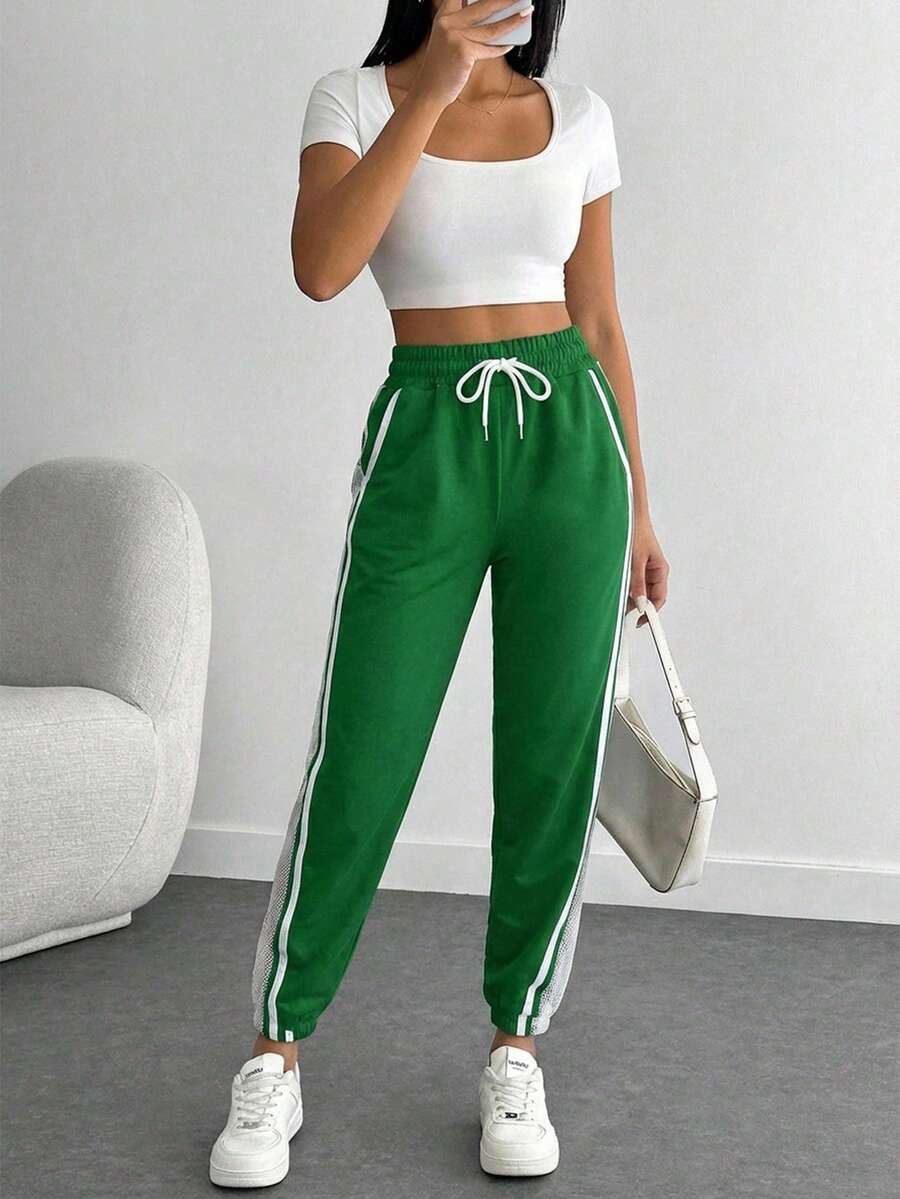 Contrast Panel Drawstring Waist Striped Side Sweatpants - Green - View 1